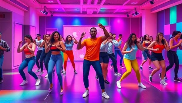 A dynamic virtual dance studio scene showcasing a diverse group of avatars dancing to the beat of vibrant music, led by a charismatic dance instructor in a lively and colorful digital environment, radiating energy, movement, and community spirit in a virtual dance fitness experience.