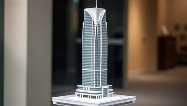 A stunning 3D printed architectural model of a modern skyscraper, showcasing intricate details, accurate scaling, and a sleek design, displayed on a professional presentation stand, highlighting the precision and craftsmanship of PrintScape Models in bringing architectural visions to life.