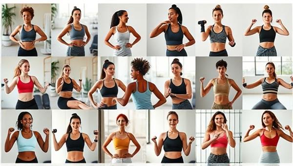 A dynamic collage of diverse individuals engaging in virtual fitness challenges through the FitFusion platform, showcasing different workout styles, challenges, and motivational interactions, evoking a sense of community and empowerment.