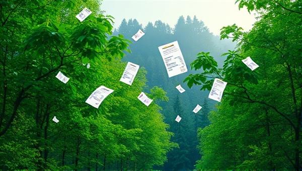 An artistic representation of a lush green forest with digital receipts floating in the air, transitioning into digital pixels symbolizing the transformation from paper to eco-friendly digital receipts, conveying the message of sustainability and innovation.