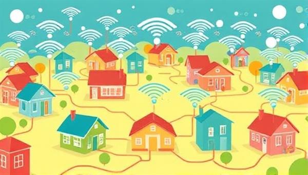 A colorful illustration showing a network of homes interconnected by Wi-Fi signals, symbolizing community connectivity and tech-forward living.