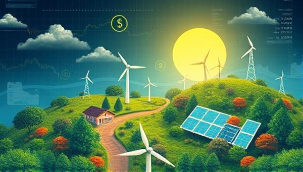 An artistic illustration depicting a digital landscape with vibrant greenery and renewable energy sources interwoven with financial elements like stock charts and investment symbols, illustrating the harmonious blend of sustainability and finance on the PlanetPocket platform.