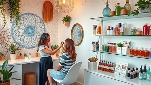 An eco-chic beauty studio adorned with biodegradable glitter wall art and sustainable decor elements, a makeup artist applying biodegradable glitter makeup on a client, and a display showcasing a variety of eco-friendly glitter products and beauty looks, exuding a conscious and sparkling beauty experience with a green touch.
