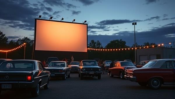 An atmospheric scene of a retro-style drive-in movie theater at dusk, with classic cars parked in front of a large outdoor screen, families and friends setting up their cozy seating arrangements, and the nostalgic glow of movie projectors illuminating the night sky, evoking the magic of RetroDrive Cinema