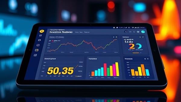 A futuristic digital interface displaying a user-friendly investment dashboard on a tablet, with colorful graphs and charts representing different investment opportunities, appealing to tech-savvy investors.