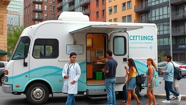 A mobile clinic parked in a bustling urban neighborhood, with healthcare professionals attending to patients and community members lining up for wellness services, showcasing convenience and accessibility.