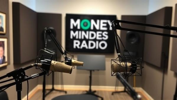 A podcast studio setup with microphones, soundproofing panels, and recording equipment, capturing the essence of a professional and engaging audio production environment for MoneyMinds Radio shows, creating a vibrant and dynamic podcast network experience.