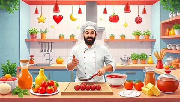A vibrant digital illustration featuring a virtual cooking class setting with a chef demonstrating a recipe, surrounded by fresh ingredients, kitchen utensils, and culinary decorations, creating a visually appetizing and interactive culinary experience in a digital kitchen.