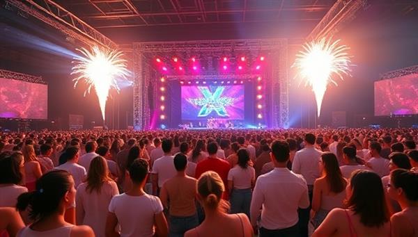 An immersive virtual music festival scene with a diverse crowd of avatars dancing in front of a digital stage, surrounded by colorful lights and virtual fireworks, capturing the excitement and energy of a live event in a digital world.