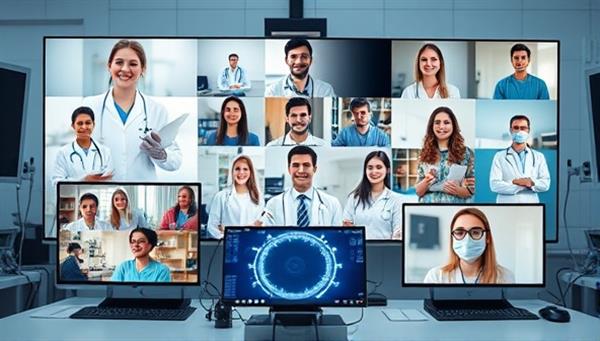 A virtual medical consultation scene with a diverse group of healthcare professionals and patients interacting on screens, surrounded by medical devices and digital health tools, illustrating seamless remote healthcare consultations and technological advancements in telehealth.