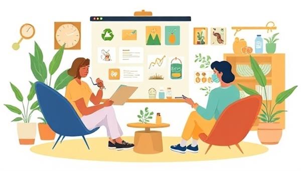 A vibrant digital illustration of a virtual sustainable living consultation, featuring an eco-consultant providing tips on recycling and waste reduction to a client, surrounded by eco-friendly products and sustainable living guides, promoting sustainable practices and environmental awareness.