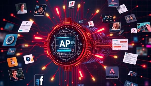 An artistic representation of a futuristic AI engine with glowing circuits and digital screens, surrounded by floating snippets of diverse content types like articles, social media posts, and infographics, symbolizing creativity and innovation.