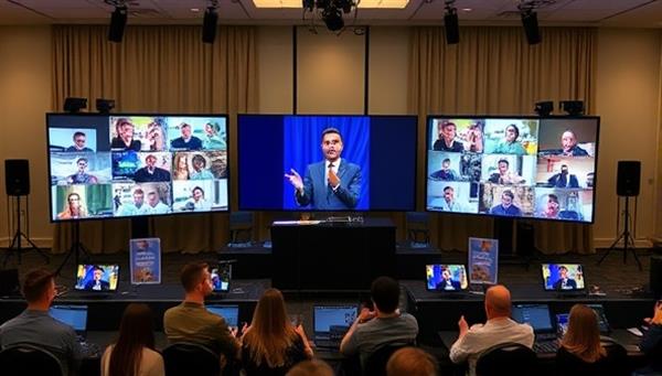 An online event setup with multiple screens displaying virtual attendees, a presenter engaging the audience, and interactive features like polls and chat, conveying a seamless and engaging virtual experience.