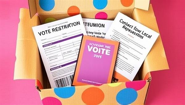 A colorful and vibrant subscription box filled with civic engagement tools and materials, including a voter registration form, community event flyers, and a guide on how to contact local representatives, symbolizing empowerment and activism.