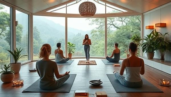 A serene virtual retreat setting with participants engaged in a yoga session led by an instructor, surrounded by calming nature visuals and tranquil decor, creating a sense of relaxation and well-being in a virtual space.