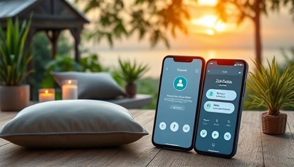 A serene and tranquil nature scene with a peaceful meditation space featuring cushions, candles, and plants, accompanied by a smartphone displaying the ZenZone App interface with a relaxing meditation session in progress, promoting mental calmness and relaxation.