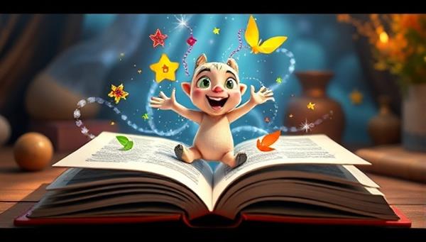 A magical scene from an ARtale Book where a whimsical character pops out of the pages in 3D, surrounded by interactive elements and colorful animations, illustrating the enchanting and immersive experience of AR-enhanced storytelling.