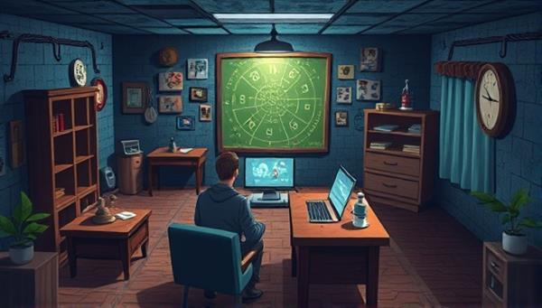 An engaging digital illustration of an online escape room setting with intricate puzzles, mysterious clues, and multiple players collaborating virtually to solve challenges, creating a sense of teamwork and excitement.