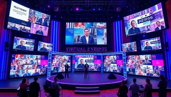 A vibrant and dynamic virtual event scene with multiple screens displaying interactive content, people engaging in online discussions, and a virtual stage set-up, portraying the excitement and possibilities of virtual events.