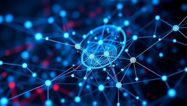 An abstract representation of AI algorithms at work, with interconnected nodes and data streams forming dynamic patterns, symbolizing precision and intelligence in ad targeting.