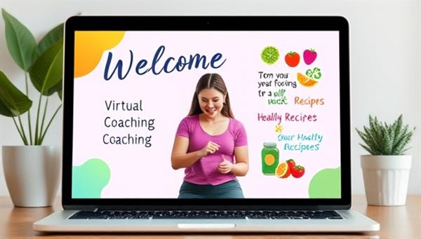 A vibrant and welcoming virtual health coaching session depicted on a laptop screen, showing a coach guiding a client through a workout routine with motivational quotes and healthy recipes in the background, conveying support and motivation.