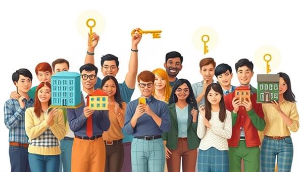 An artistic rendering of a diverse group of investors holding miniature buildings and property keys, symbolizing collective ownership and investment in real estate assets, conveying the idea of shared prosperity and wealth-building through property crowdsourcing.