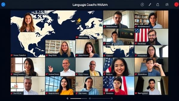 A digital platform interface showcasing a diverse group of language coaches and learners engaged in interactive online language sessions, symbolizing global connectivity and cultural exchange.