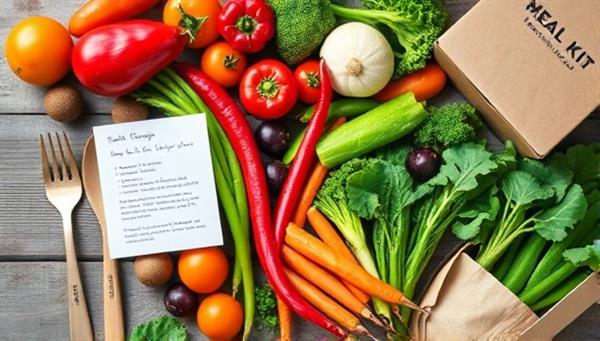 A vibrant image of fresh, colorful vegetables arranged in eco-friendly packaging, surrounded by reusable utensils and a handwritten recipe card, showcasing the natural and sustainable aspects of the meal kit delivery service.