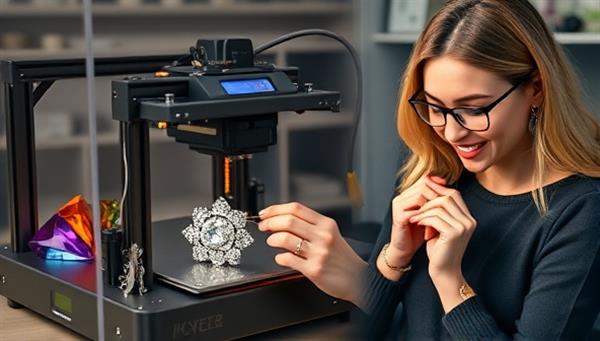 A vibrant image of a 3D printer crafting a delicate jewelry piece, surrounded by colorful gemstone designs and a customer happily receiving their custom-made jewelry, evoking creativity and personalization.