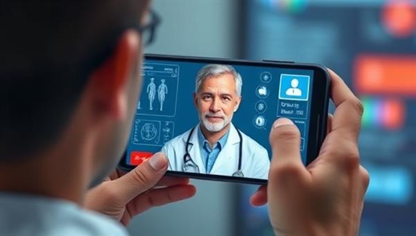 An individual having a video consultation with a virtual AI doctor on a smartphone, with medical charts and diagnostic tools displayed on the screen, illustrating the futuristic and convenient nature of AI-powered telemedicine.