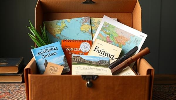 An enticing and visually appealing travel box filled with exotic souvenirs, cultural artifacts, travel guides, and interactive elements, evoking a sense of wanderlust and adventure for recipients of WanderBox Adventures
