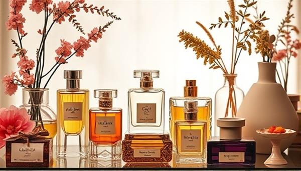 An enchanting image featuring a collection of exquisite perfume bottles, elegant diffusers, and aromatic botanicals arranged in a captivating display, evoking a sense of luxury and sensory indulgence in the world of scents.