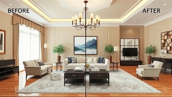 An elegant living room with virtual design elements superimposed, showing before and after visuals of the space transformation, highlighting the impact of virtual interior design consultations.