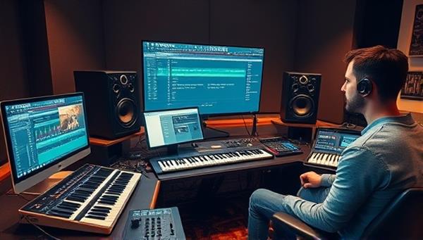 An online music production class scene featuring a virtual studio setup with MIDI controllers, mixing boards, and music production software interfaces, with an instructor guiding students through music composition and production techniques, fostering creativity and skill development in a digital learning environment.