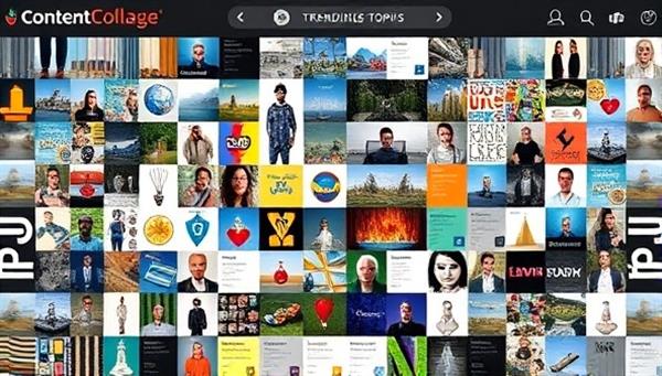 A dynamic interface of ContentCollage Hub showcasing a vibrant mosaic of user-generated content collages arranged in a visually appealing grid layout, with live updates and trending topics highlighting the diversity and creativity of the platform