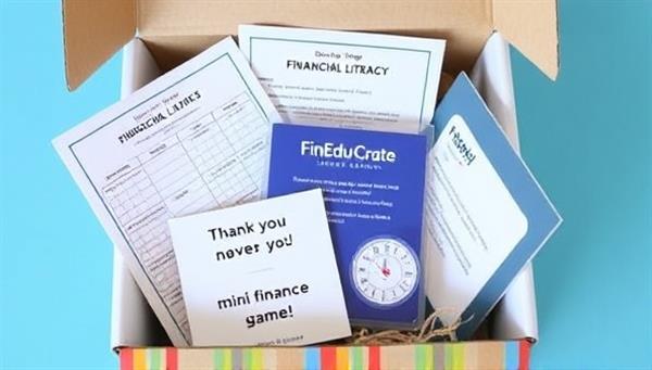 An appealing and colorful box filled with financial literacy materials such as budgeting worksheets, money-saving tips, a mini finance game, and a thank-you note from FinEdu Crate, creating a sense of excitement and curiosity.