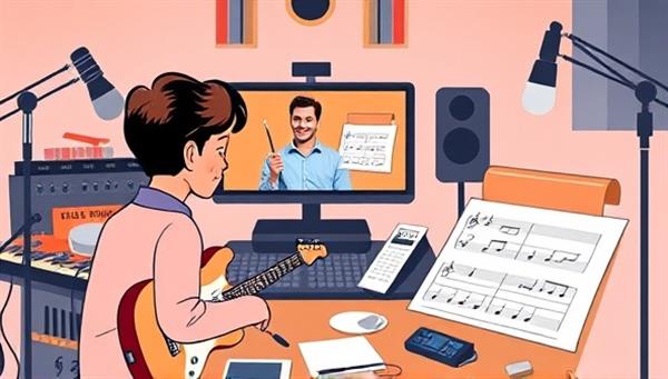 A virtual music mentorship session illustration showing a young musician receiving guidance and feedback from a mentor via a video call, with musical instruments, sheet music, and recording equipment in the background, creating a supportive and inspiring virtual mentorship environment for teen musicians.