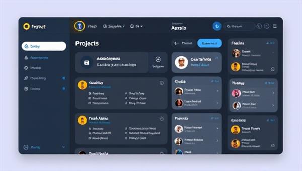 An interactive platform interface displaying a construction project dashboard with task assignments, team member profiles, and communication tools, showcasing the platform