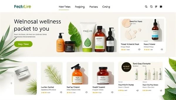 An aesthetically pleasing e-commerce website layout featuring a variety of wellness products from different brands, with eco-friendly packaging and customer reviews, creating a virtual marketplace promoting well-being and sustainability.