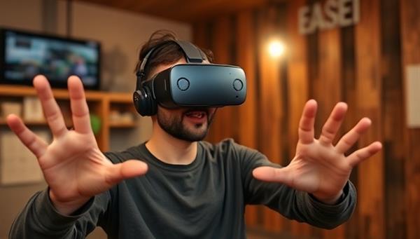 An individual wearing a VR headset, gesturing and interacting with virtual objects in an immersive escape room setting, showcasing the excitement and engagement of the experience.