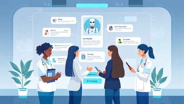 A futuristic and sleek digital illustration of a telemedicine chatbot interface with a diverse group of users interacting with the bot for various healthcare needs, showcasing efficiency and accessibility.