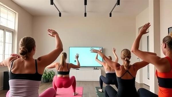 An energetic virtual fitness class led by a trainer, with participants following along from home and engaging in dynamic exercises, conveying a sense of community, motivation, and active lifestyle support.