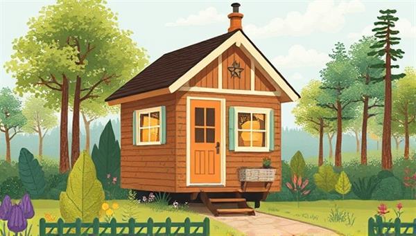 An artistic illustration of a picturesque tiny house surrounded by nature, featuring innovative space-saving solutions and stylish design elements, evoking a sense of cozy and sustainable living.
