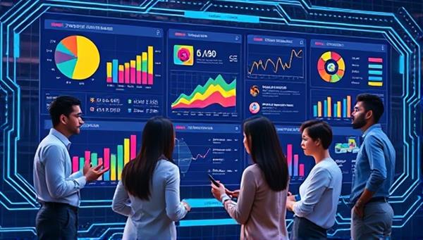 An engaging visual of a futuristic AI interface displaying colorful graphs and data charts related to social media metrics, with a diverse group of professionals analyzing the information together, conveying innovation and collaboration.