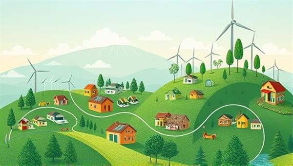 An artistic representation of a sustainable investment landscape with green energy projects, community initiatives, and ethical businesses flourishing in a digital ecosystem, symbolizing the positive impact of sustainable investing on the environment and society.