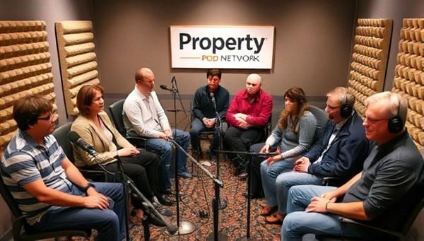 An artistic representation of a diverse group of podcast hosts recording episodes in a studio setting, surrounded by microphones, soundproof panels, and recording equipment, capturing the collaborative and informative spirit of the PropertyPod Network.