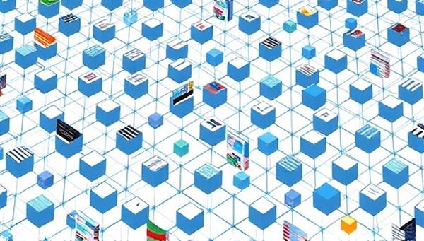 An intricate network of interconnected blocks representing blockchain technology, with design elements and portfolio snapshots flowing through the blocks, symbolizing the secure and transparent nature of BlockDesign
