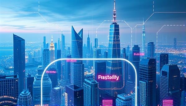 An artistic rendering of a digital landscape with a virtual influencer seamlessly integrated into a futuristic cityscape, representing the blend of technology and marketing in the virtual world.