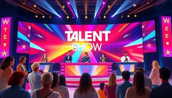 A vibrant and diverse virtual talent show stage featuring contestants from various backgrounds showcasing their talents, with virtual judges and a cheering audience, creating a lively and inclusive online talent show atmosphere.