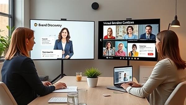 An engaging virtual personal branding consultancy setup with consultants conducting a brand discovery session, analyzing client brand assets on screens, and brainstorming creative branding strategies, reflecting a personalized and strategic approach to personal brand development.